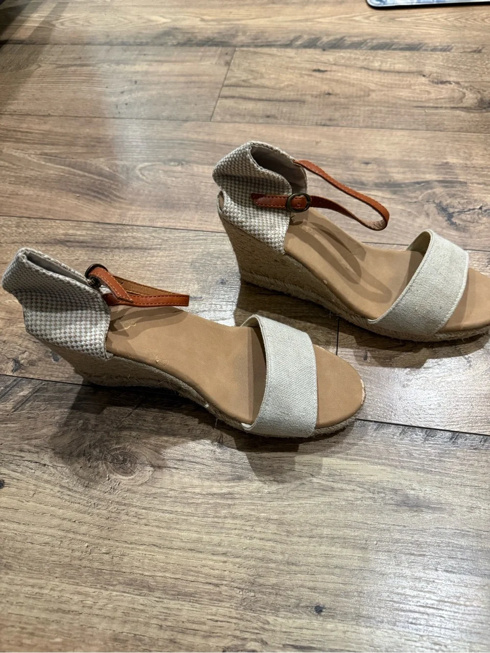 BAMBOO Beige Canvas Espadrille Wedge Sandals with Brown Ankle Strap